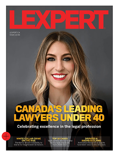 Kaysi Fagon on the cover of Lexpert magazine cover with the title "canada's leading lawyers under 40"