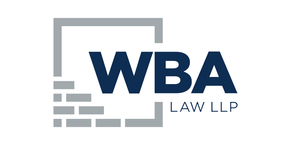 WBA Law LLP logo featuring bold navy blue text with a stylized grey frame and brick pattern element on the left.