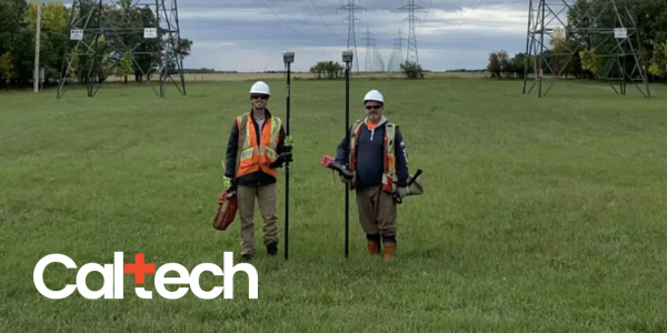 2 men standing in a feild, wearing working gear, hard hats, and safety vests holding surveying poles, and smiling. The Caltech logo is in the bottom-left corner