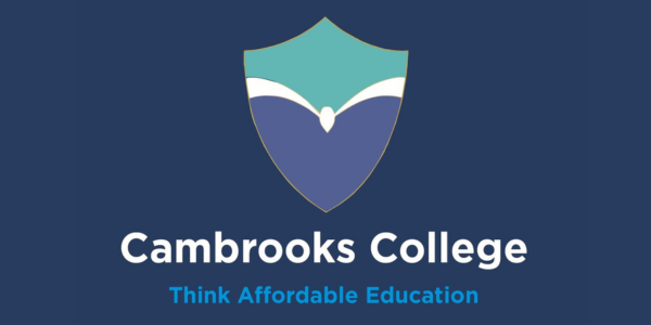 The Cambrooks College logo, which is a shield with light teal on top and dark blue on the bottom. The text under Cambrooks College says "Think Affordable Education"