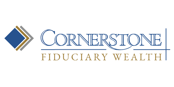 Logo for Cornerstone Fiduciary Wealth featuring stylized blue and gold text with a geometric diamond design on the left.