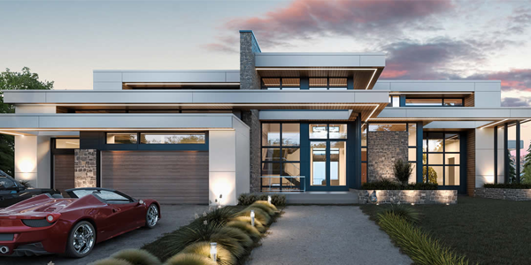 A modern custom-designed luxury home with clean lines, large windows, stone and wood accents, and a sleek red sports car parked in the driveway.