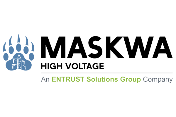 Logo for Maskwa High Voltage, an Entrust Solutions Group company, featuring a stylized blue bear paw with a transmission tower inside.