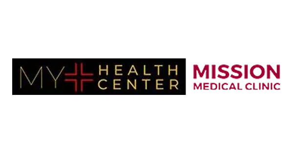 Logos for My Health Center and Mission Medical Clinic. The My Health Center logo features gold and red text on a black background with a stylized red medical cross, while the Mission Medical Clinic logo is in bold red text on a white background.