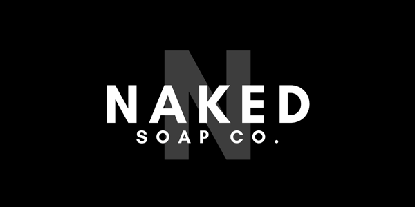 Logo for Naked Soap Co. featuring bold white text centered over a large, semi-transparent black letter "N" on a solid black background.
