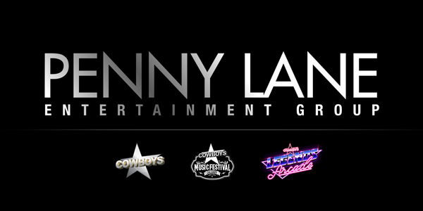 Penny Lane Entertainment Group logo on a black background, featuring the main company name in bold gradient text above logos for Cowboys, Cowboys Music Festival, and The Rec Room Arcade.