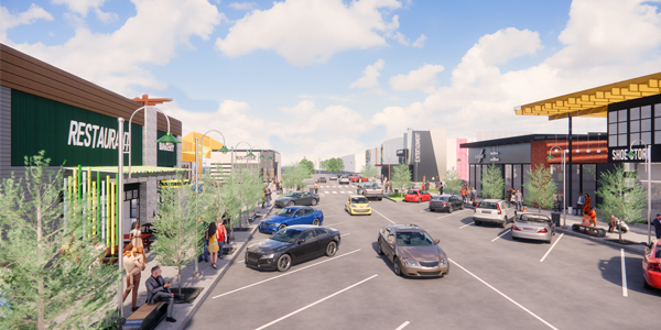 A modern outdoor shopping centre rendering with wide pedestrian sidewalks, trees, parked cars, and storefronts labeled with restaurants and retail shops.