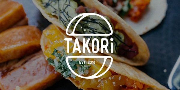 Close-up of colorful fusion tacos topped with herbs and shredded seaweed, overlaid with the Takori logo featuring a stylized taco and the text “Takori – Est. 2018.”