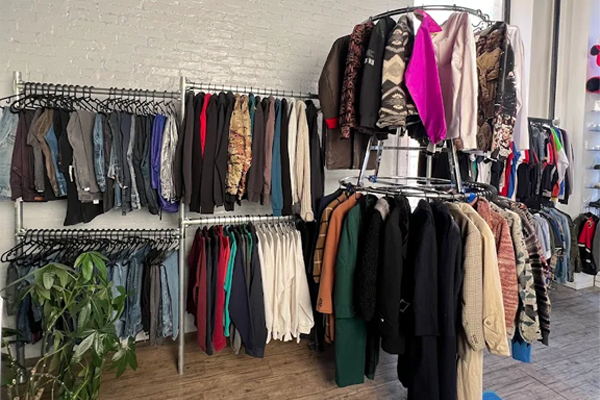 Interior of The Portal shop featuring racks of colourful vintage clothing, including jackets, pants, and blazers, neatly arranged on hangers against a white brick wall with natural light and a potted plant adding to the cozy, curated vibe.