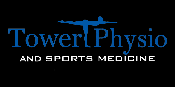 Logo for Tower Physio and Sports Medicine featuring a blue human figure in a balanced pose integrated into the word "Tower," with the full name in blue and white text on a black background.
