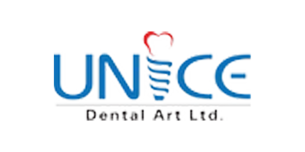 UNICE Dental Art Ltd. logo featuring the company name in blue capital letters with a stylized dental implant forming part of the letter “I” and a red tooth graphic above it.