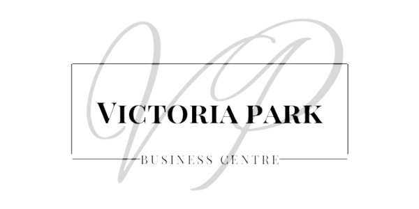 Logo for Victoria Park Business Centre featuring elegant serif typography with “Victoria Park” in bold and “Business Centre” below it, framed by a thin rectangular outline with large, faint script initials "VP" in the background.