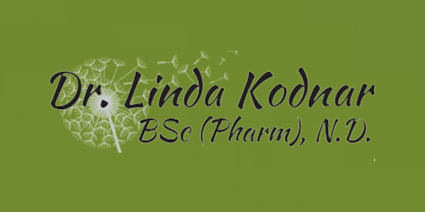 Logo for Dr. Linda Kodnar, BSc (Pharm), N.D., featuring elegant script text over a green background with a white dandelion illustration, symbolizing natural healing and holistic care.